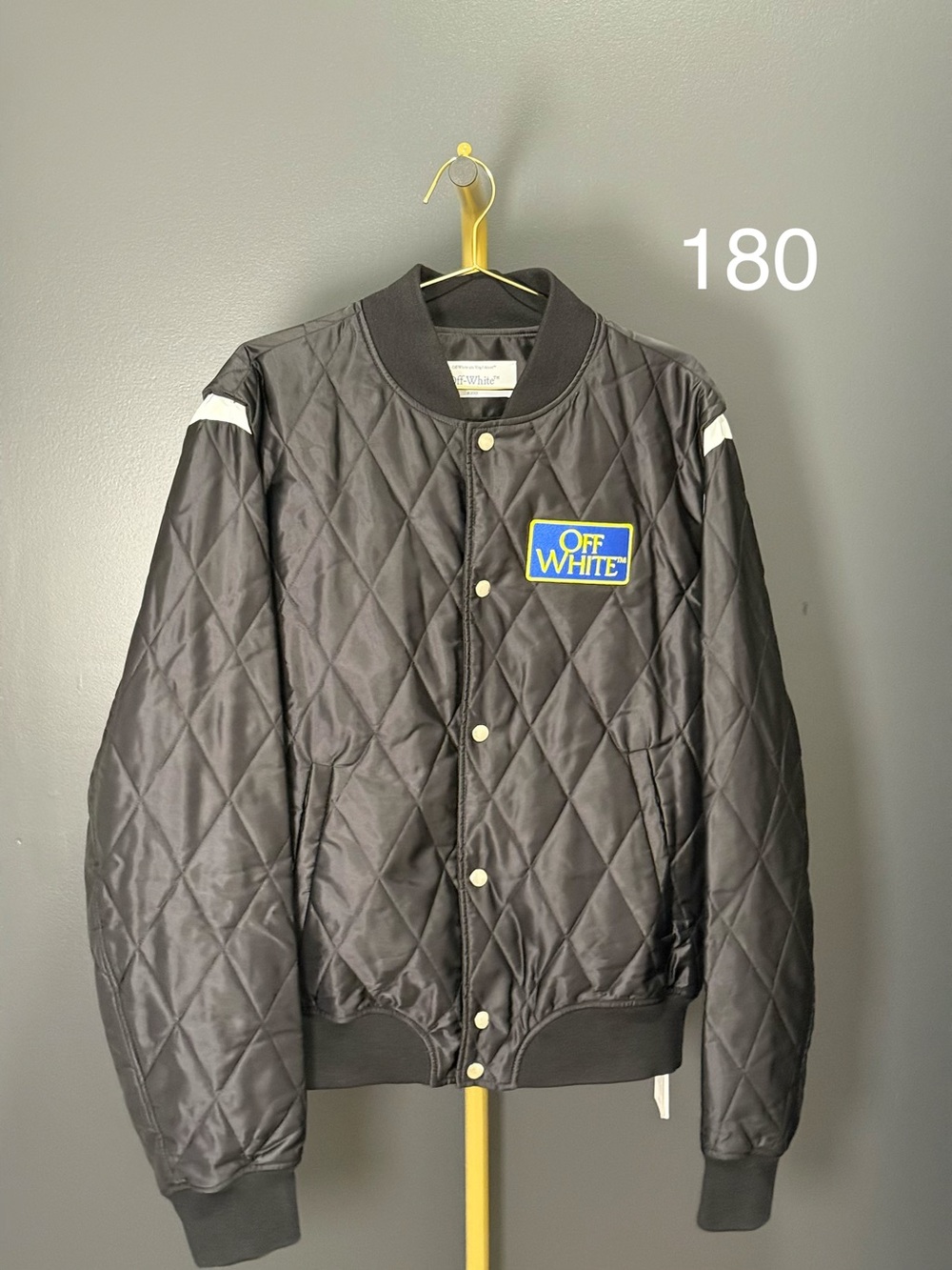 Off-White Black Quilted Bomber Jacket with White Shoulder Accents